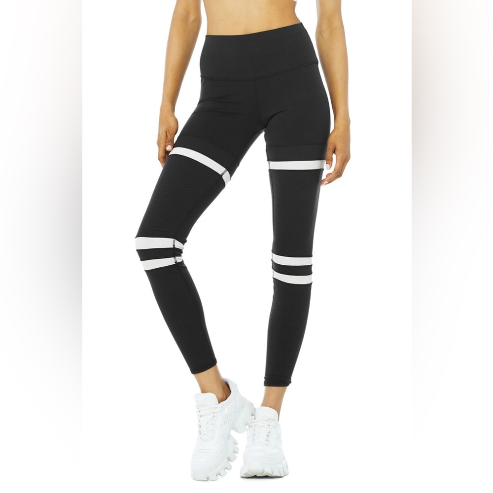ALO Yoga Black Leggings with White Stripe Details